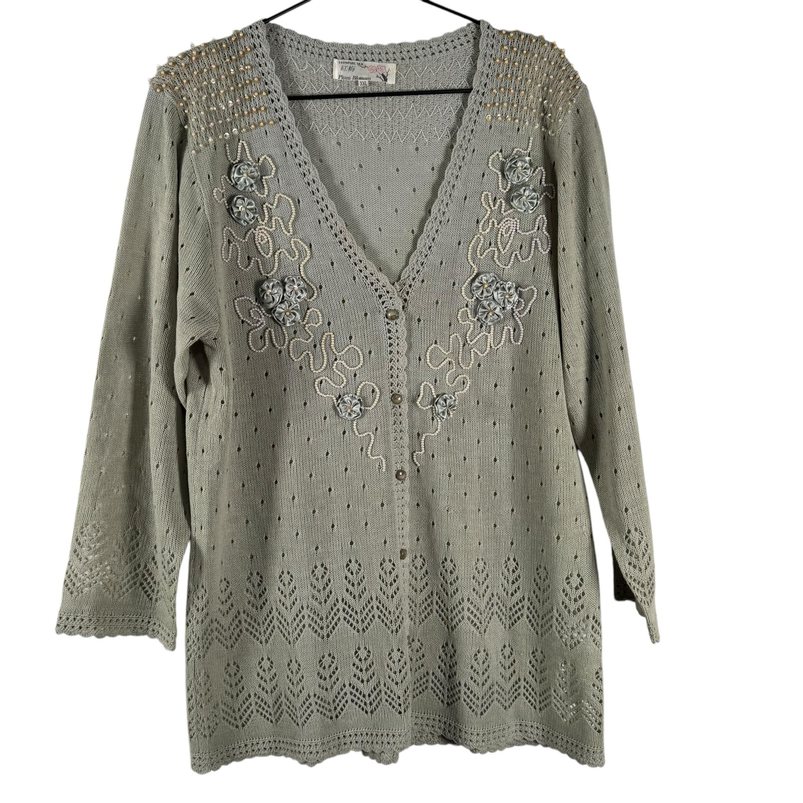 Vintage Plum Blossom Womens Green 100% Silk Button Front Cardigan Sweater Sz Xxl